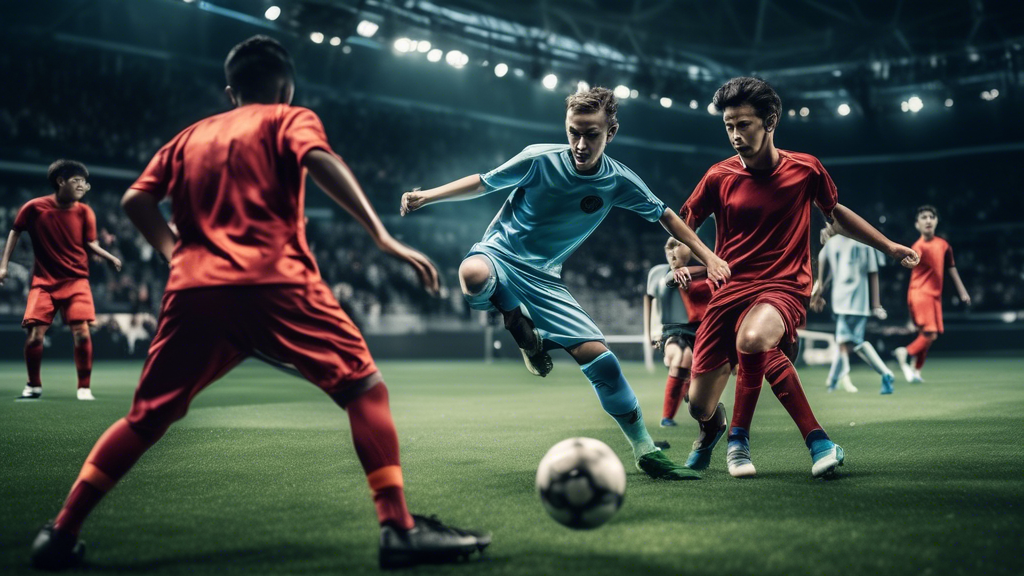 A snapshot of a soccer game where the players are cyborgs with advanced technology integrated into their bodies.