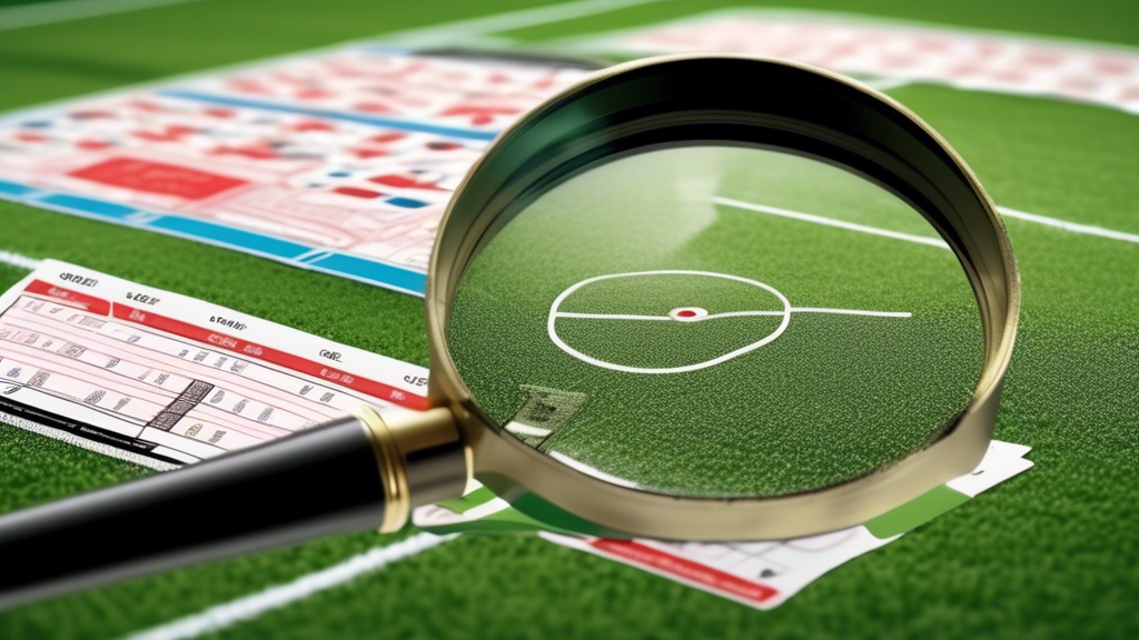 Depiction of a soccer field with a betting slip overlayed on top, with a magnifying glass highlighting the odds and analysis of the match.