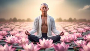 A serene and composed individual sitting in a lotus position, meditating amidst a blooming lotus field, symbolizing emotional stability and resilience. The