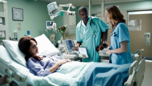 A group of doctors are looking at a patient's medical records on a computer. The patient is lying in a hospital bed in the background. The doctors are disc